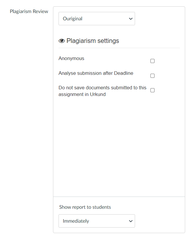 Plagiarism Detection Tool Settings include Anonymous, Analyse submission after deadline, Do not save documents submitted to this assignment in Urkund