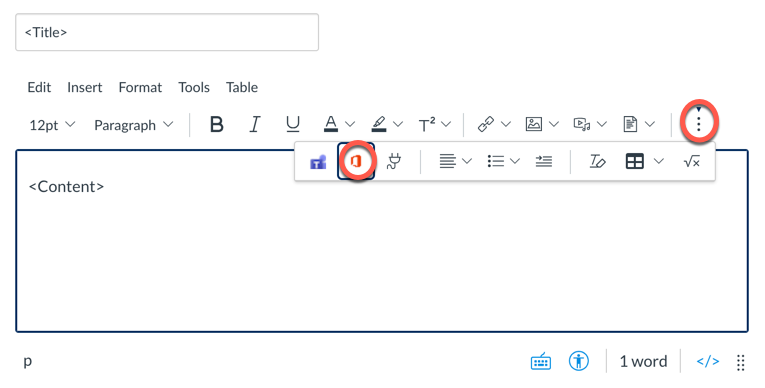 Screenshot indicating the 3 dots icon to access the Microsoft OneDrive/Office 365 integration icon